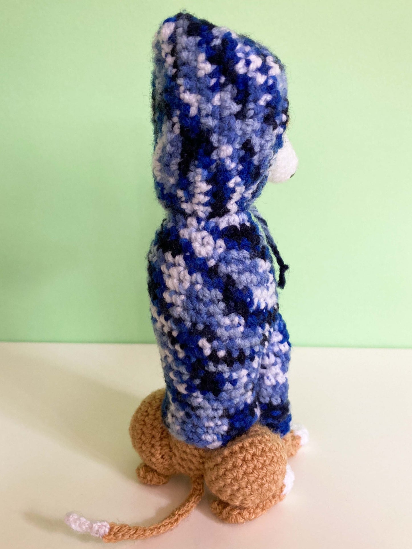 TAN WHITE CROCHET MINI WHIPPET GREYHOUND SIGHTHOUND ITALIAN GREYHOUND PLUSH IN A KNITTED BLUE HOODIE KEEPSAKE MEMORIAL GIFT