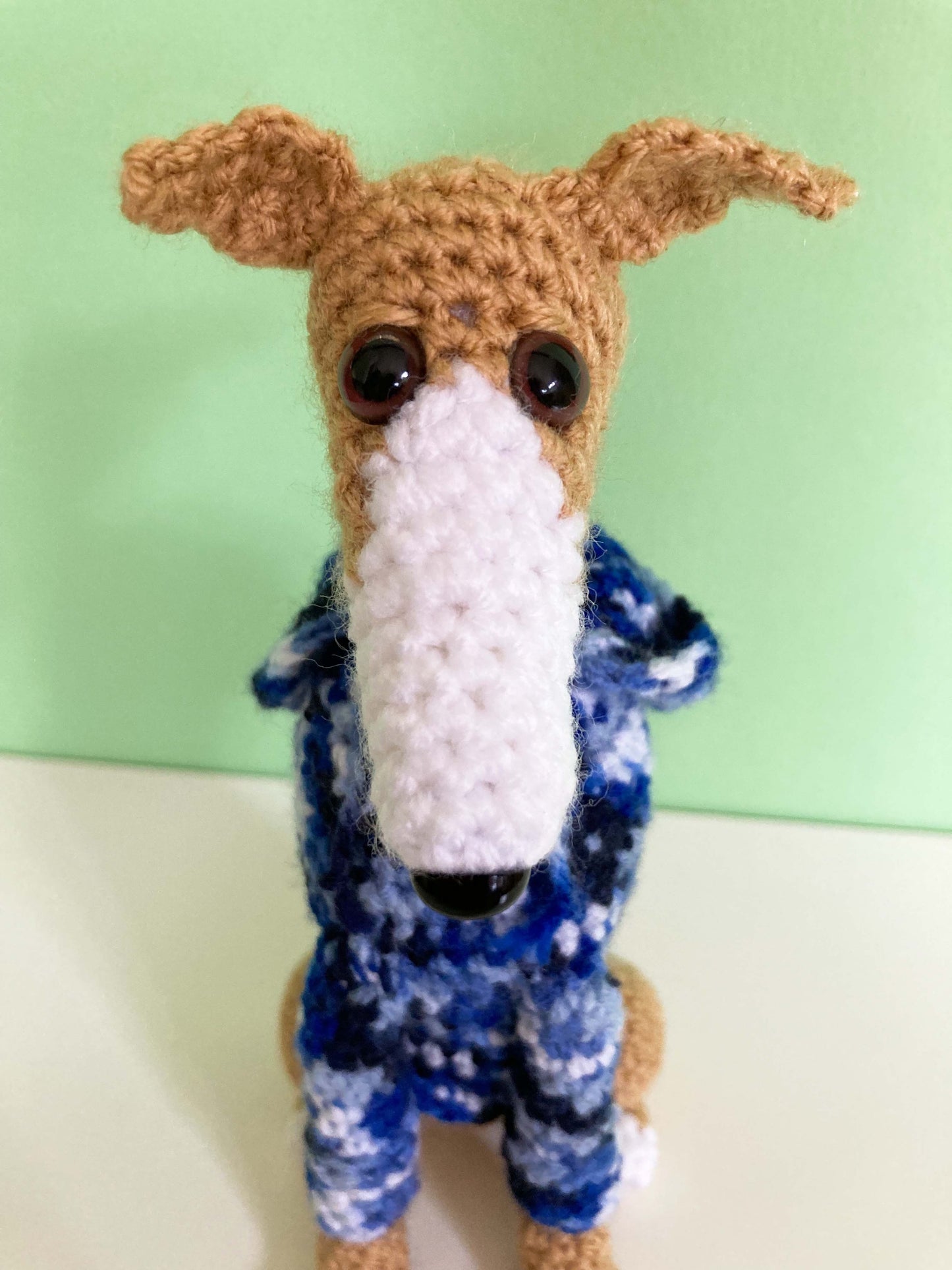 TAN WHITE CROCHET MINI WHIPPET GREYHOUND SIGHTHOUND ITALIAN GREYHOUND PLUSH IN A KNITTED BLUE HOODIE KEEPSAKE MEMORIAL GIFT