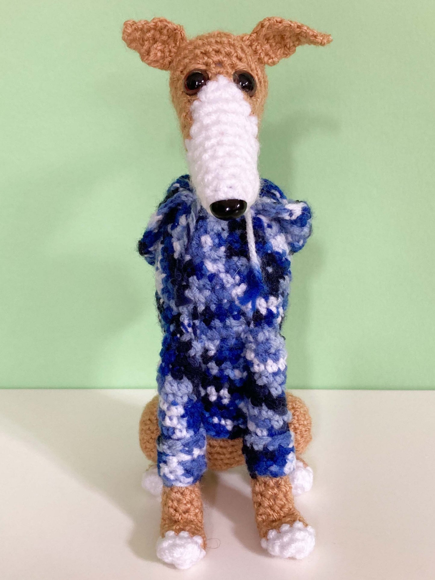 TAN WHITE CROCHET MINI WHIPPET GREYHOUND SIGHTHOUND ITALIAN GREYHOUND PLUSH IN A KNITTED BLUE HOODIE KEEPSAKE MEMORIAL GIFT