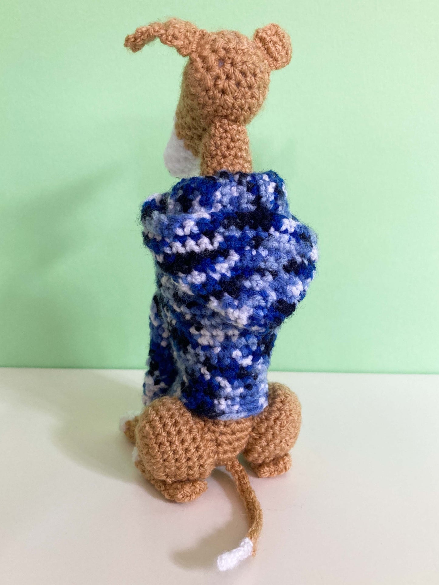 TAN WHITE CROCHET MINI WHIPPET GREYHOUND SIGHTHOUND ITALIAN GREYHOUND PLUSH IN A KNITTED BLUE HOODIE KEEPSAKE MEMORIAL GIFT