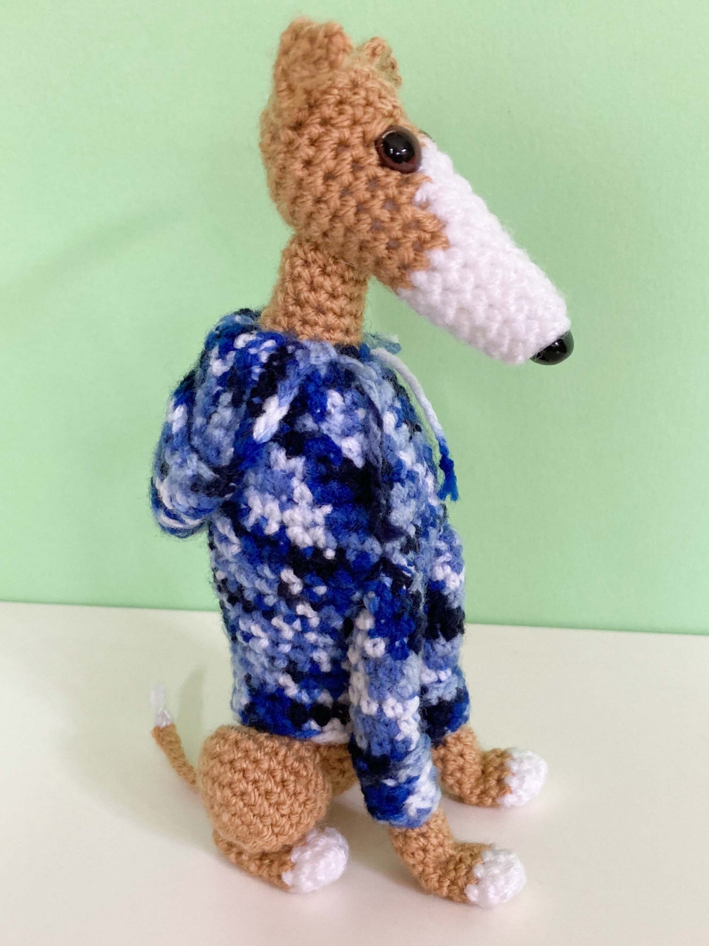 TAN WHITE CROCHET MINI WHIPPET GREYHOUND SIGHTHOUND ITALIAN GREYHOUND PLUSH IN A KNITTED BLUE HOODIE KEEPSAKE MEMORIAL GIFT