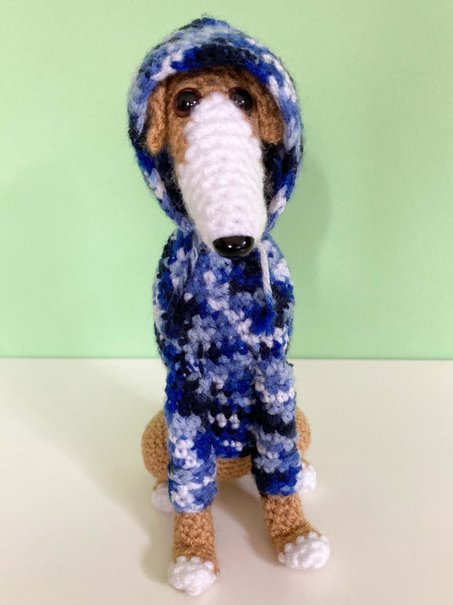 TAN WHITE CROCHET MINI WHIPPET GREYHOUND SIGHTHOUND ITALIAN GREYHOUND PLUSH IN A KNITTED BLUE HOODIE KEEPSAKE MEMORIAL GIFT
