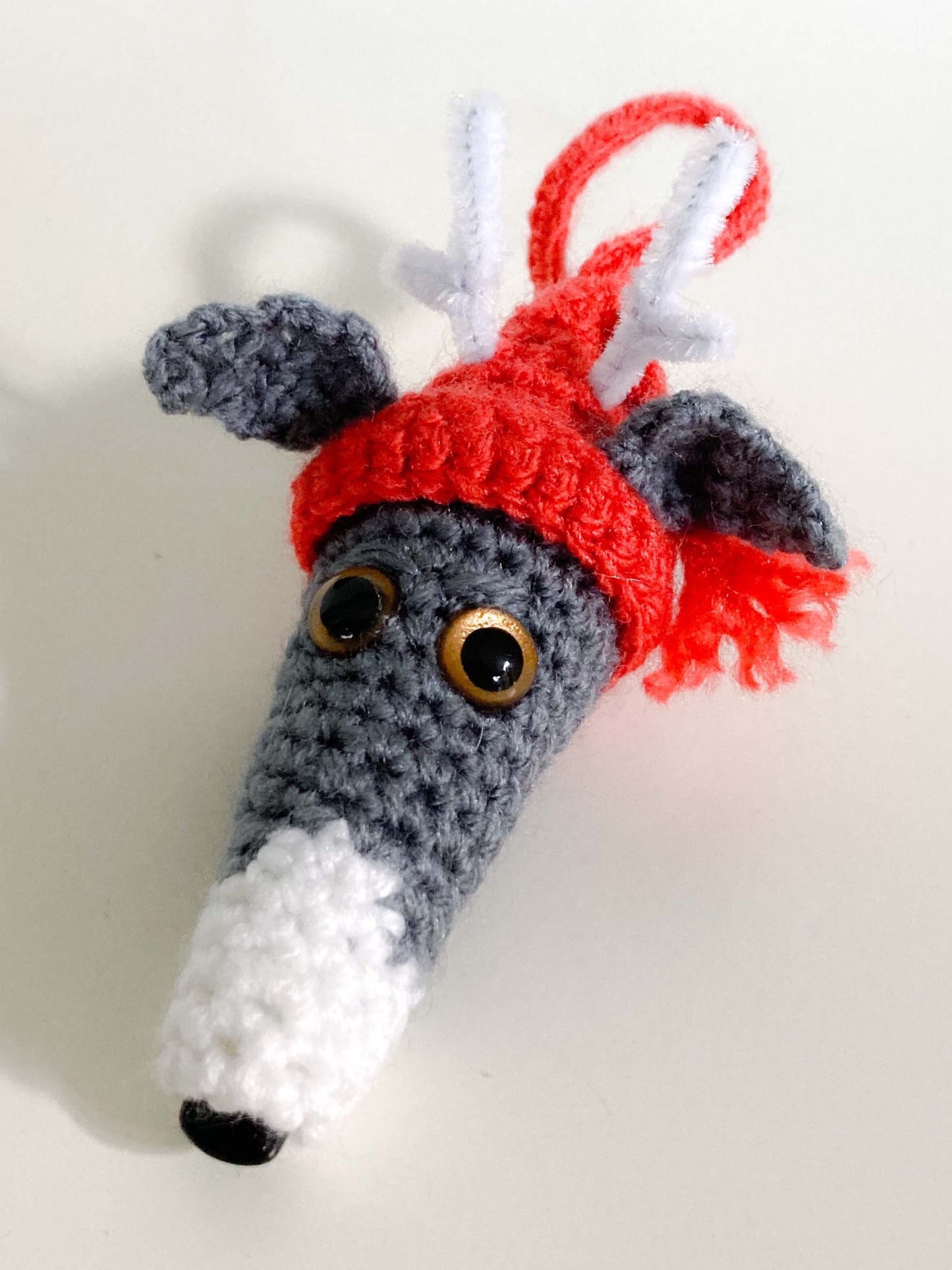 GREY BLUE WHITE WHIPPET GREYHOUND SIGHTHOUND LURCHER ITALIAN GREYHOUND FESTIVE REINDEER HAT CHRISTMAS DECORATION TREE ORNAMENT CHARM KEEPSAKE GIFT