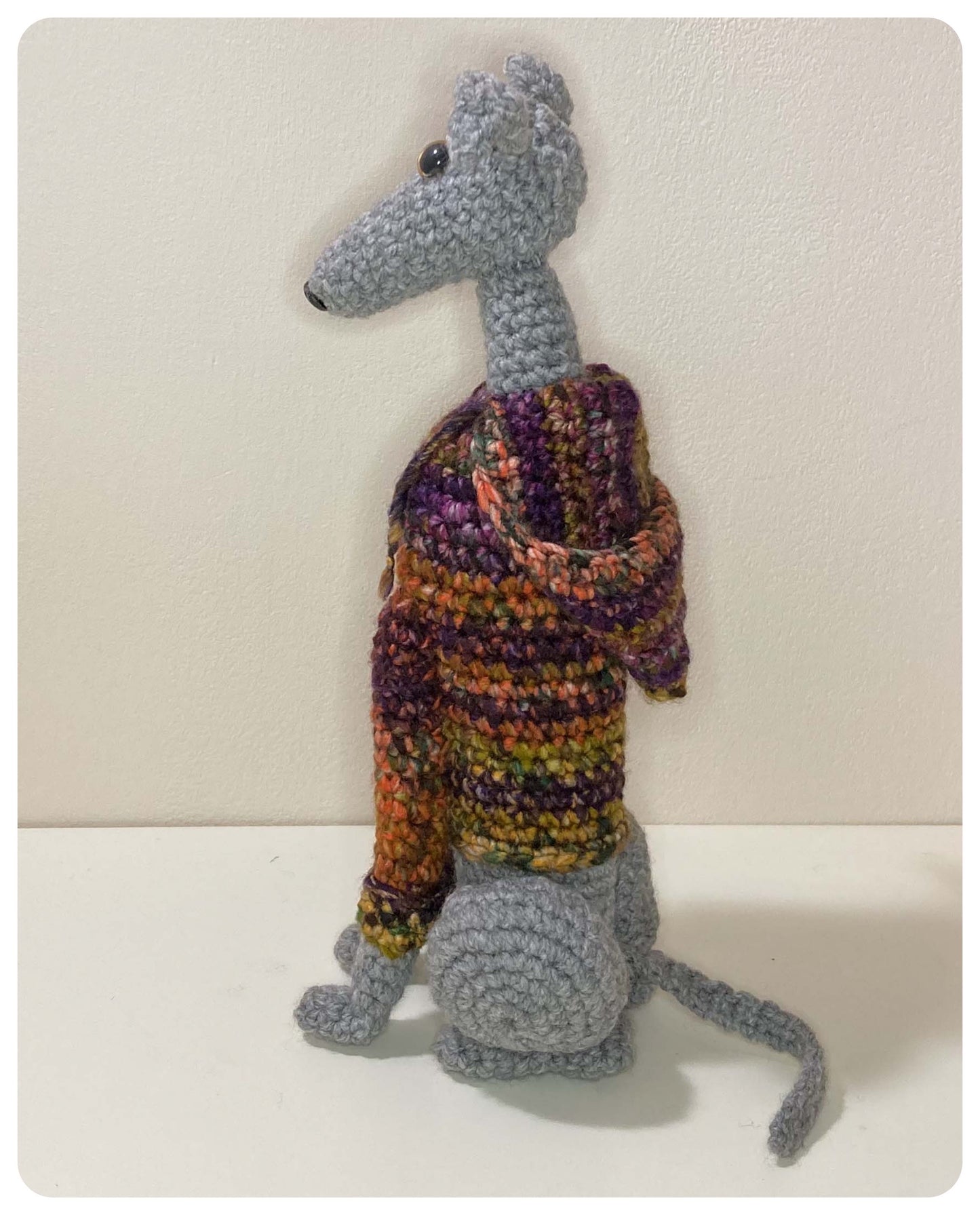 GREY BLUE CROCHET MINI WHIPPET GREYHOUND SIGHTHOUND ITALIAN GREYHOUND PLUSH IN A KNITTED MULTI FLECK WOOL HOODIE KEEPSAKE MEMORIAL GIFT