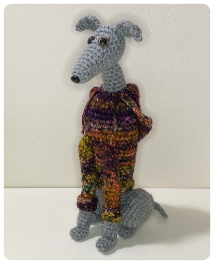 GREY BLUE CROCHET MINI WHIPPET GREYHOUND SIGHTHOUND ITALIAN GREYHOUND PLUSH IN A KNITTED MULTI FLECK WOOL HOODIE KEEPSAKE MEMORIAL GIFT