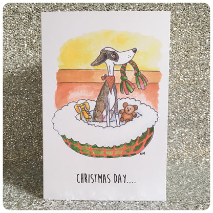 WHIPPET GREYHOUND SIGHTHOUND LURCHER ITALIAN GREYHOUND ART ILLUSTRATION CUTE FUNNY CARTOON CHRISTMAS GREETINGS CARD