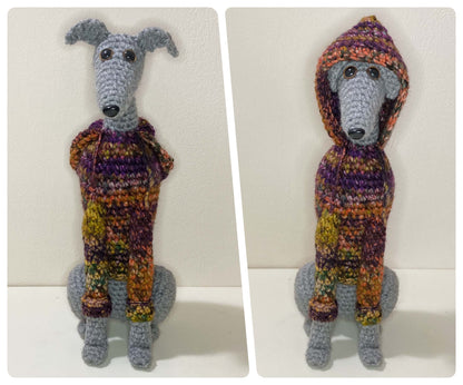 GREY BLUE CROCHET MINI WHIPPET GREYHOUND SIGHTHOUND ITALIAN GREYHOUND PLUSH IN A KNITTED MULTI FLECK WOOL HOODIE KEEPSAKE MEMORIAL GIFT