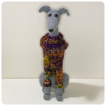 GREY BLUE CROCHET MINI WHIPPET GREYHOUND SIGHTHOUND ITALIAN GREYHOUND PLUSH IN A KNITTED MULTI FLECK WOOL HOODIE KEEPSAKE MEMORIAL GIFT