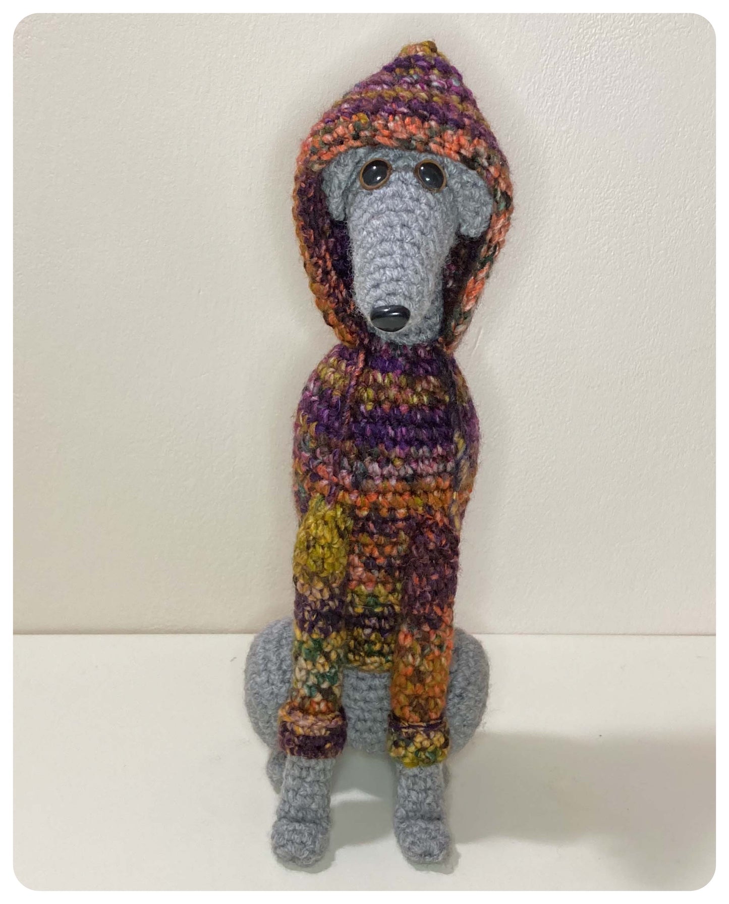 GREY BLUE CROCHET MINI WHIPPET GREYHOUND SIGHTHOUND ITALIAN GREYHOUND PLUSH IN A KNITTED MULTI FLECK WOOL HOODIE KEEPSAKE MEMORIAL GIFT