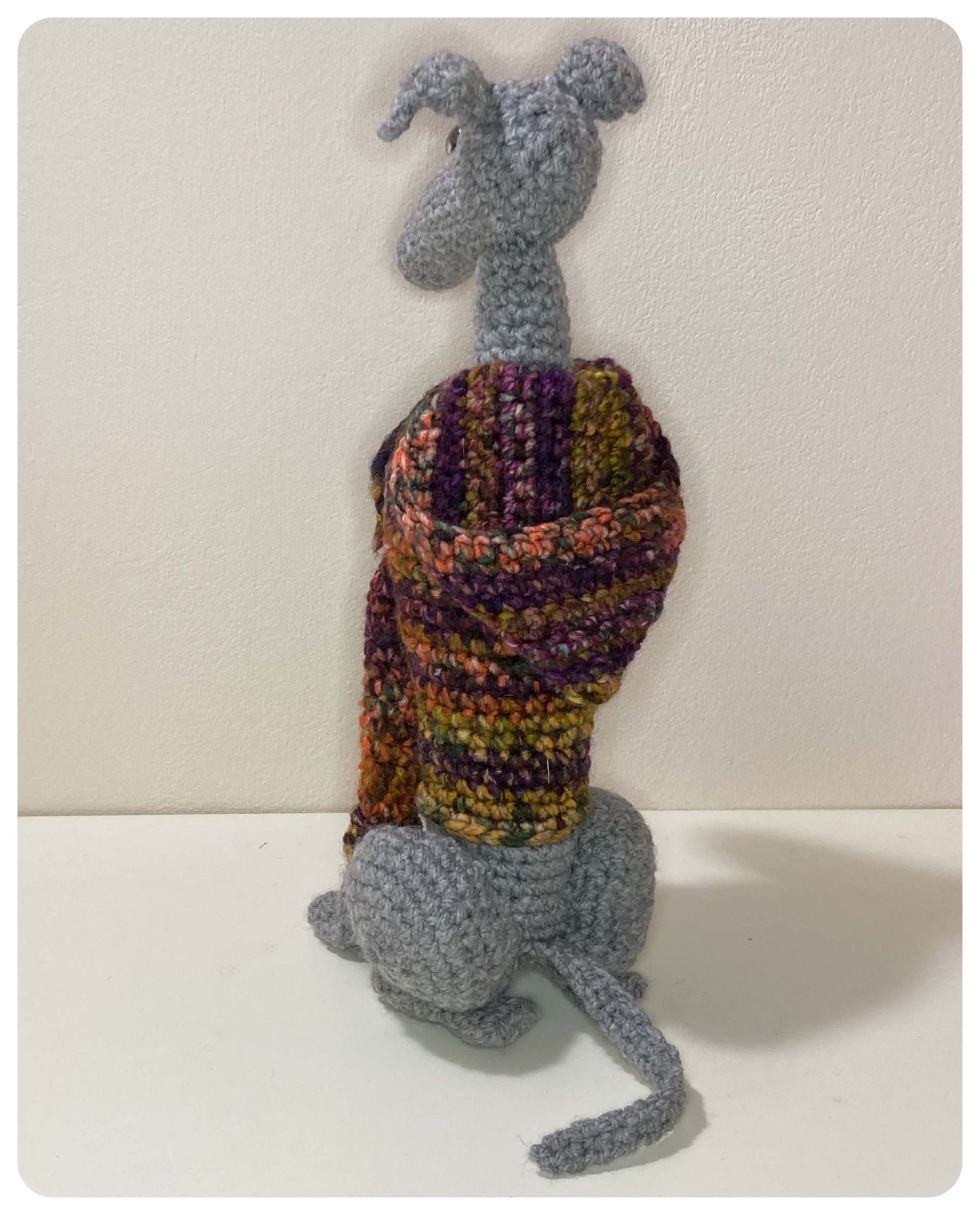 GREY BLUE CROCHET MINI WHIPPET GREYHOUND SIGHTHOUND ITALIAN GREYHOUND PLUSH IN A KNITTED MULTI FLECK WOOL HOODIE KEEPSAKE MEMORIAL GIFT