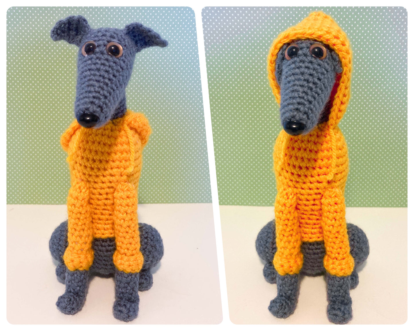 GREY BLUE CROCHET MINI WHIPPET GREYHOUND SIGHTHOUND ITALIAN GREYHOUND PLUSH IN A KNITTED YELLOW HOODIE KEEPSAKE MEMORIAL GIFT