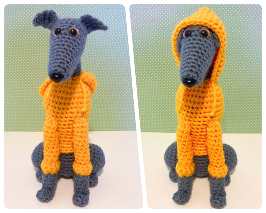 GREY BLUE CROCHET MINI WHIPPET GREYHOUND SIGHTHOUND ITALIAN GREYHOUND PLUSH IN A KNITTED YELLOW HOODIE KEEPSAKE MEMORIAL GIFT