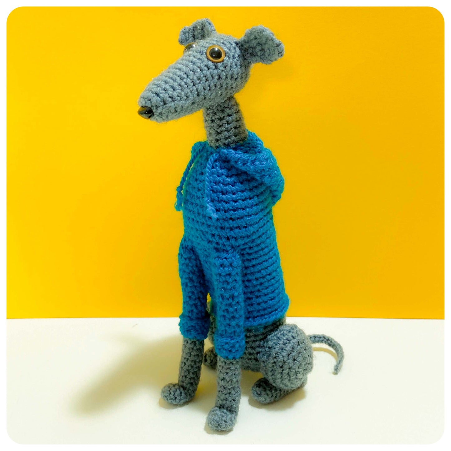 GREY BLUE CROCHET MINI WHIPPET GREYHOUND SIGHTHOUND ITALIAN GREYHOUND PLUSH IN A KNITTED TEAL HOODIE KEEPSAKE MEMORIAL GIFT