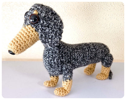 SILVER DAPPLE TAN CROCHET MINI DACHSHUND SAUSAGE DOG WEENIE DOXIE WIENER PLUSH KEEPSAKE MEMORIAL GIFT