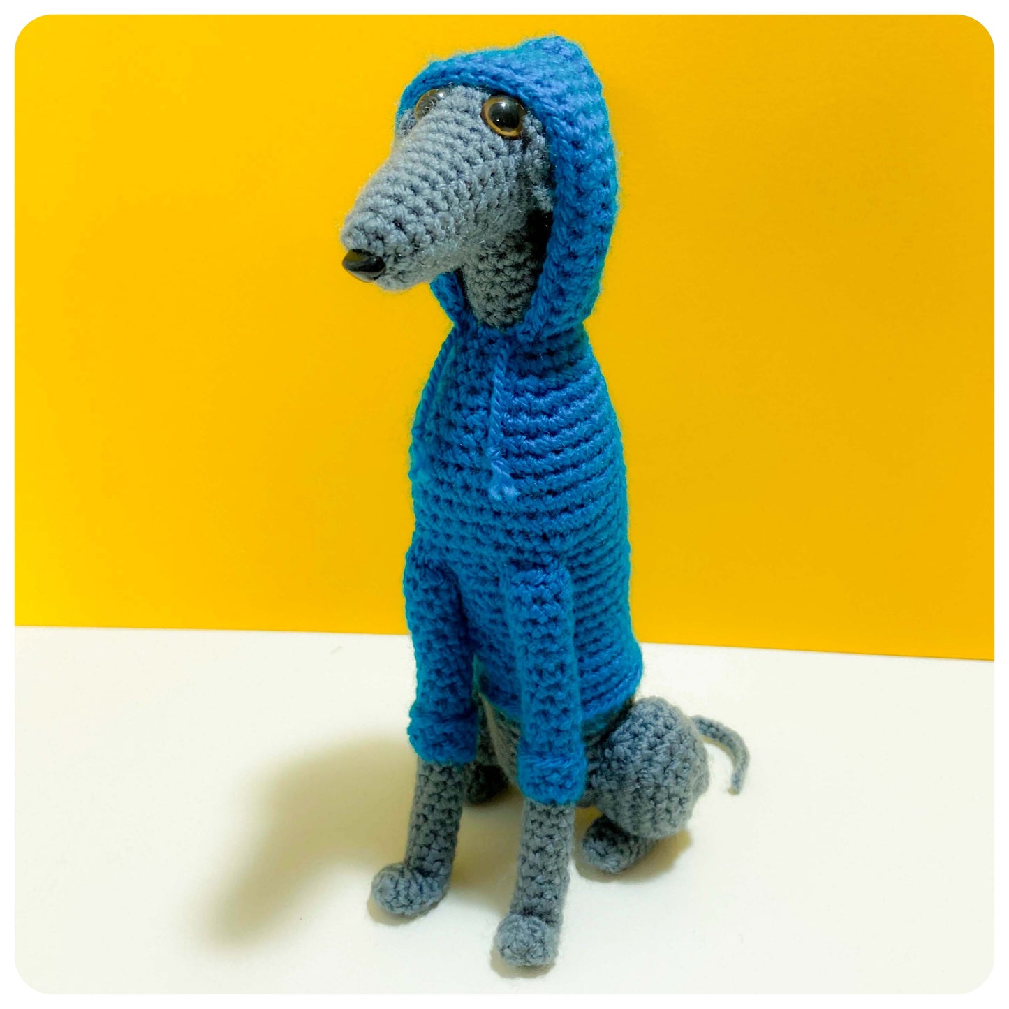 GREY BLUE CROCHET MINI WHIPPET GREYHOUND SIGHTHOUND ITALIAN GREYHOUND PLUSH IN A KNITTED TEAL HOODIE KEEPSAKE MEMORIAL GIFT