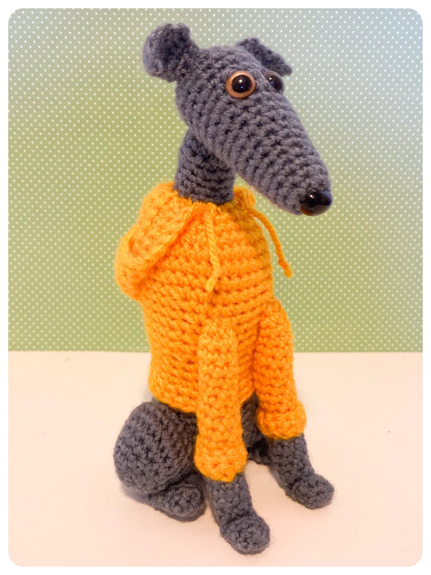 GREY BLUE CROCHET MINI WHIPPET GREYHOUND SIGHTHOUND ITALIAN GREYHOUND PLUSH IN A KNITTED YELLOW HOODIE KEEPSAKE MEMORIAL GIFT