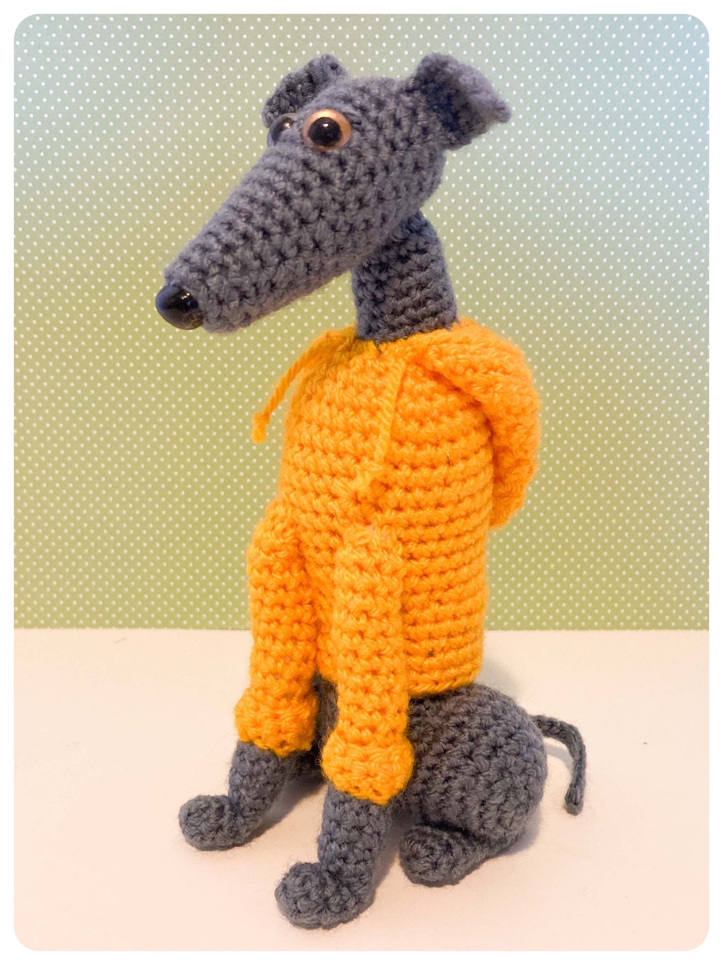 GREY BLUE CROCHET MINI WHIPPET GREYHOUND SIGHTHOUND ITALIAN GREYHOUND PLUSH IN A KNITTED YELLOW HOODIE KEEPSAKE MEMORIAL GIFT