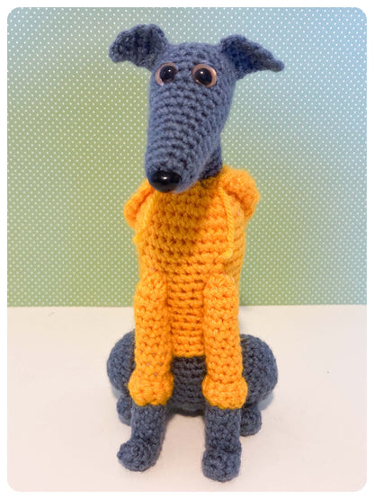 GREY BLUE CROCHET MINI WHIPPET GREYHOUND SIGHTHOUND ITALIAN GREYHOUND PLUSH IN A KNITTED YELLOW HOODIE KEEPSAKE MEMORIAL GIFT