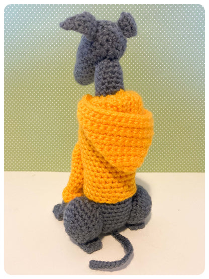 GREY BLUE CROCHET MINI WHIPPET GREYHOUND SIGHTHOUND ITALIAN GREYHOUND PLUSH IN A KNITTED YELLOW HOODIE KEEPSAKE MEMORIAL GIFT