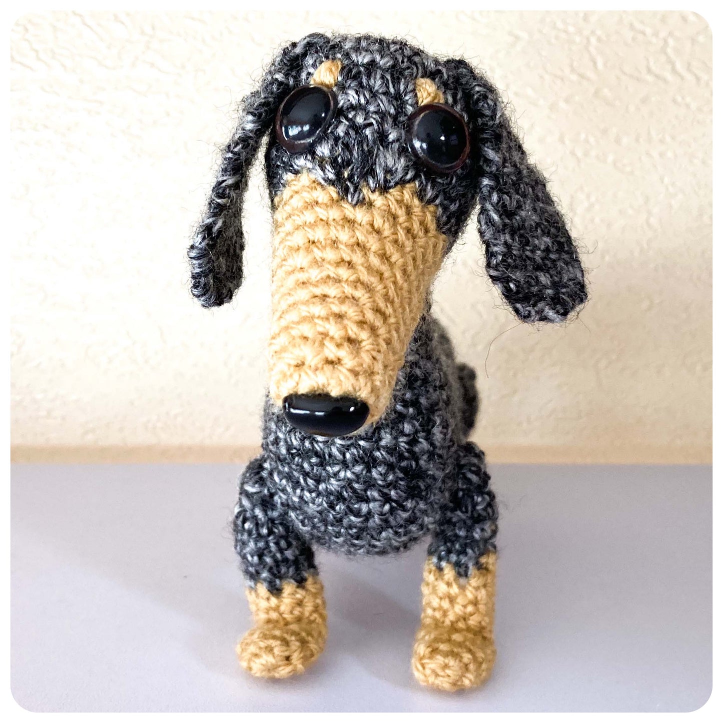 SILVER DAPPLE TAN CROCHET MINI DACHSHUND SAUSAGE DOG WEENIE DOXIE WIENER PLUSH KEEPSAKE MEMORIAL GIFT