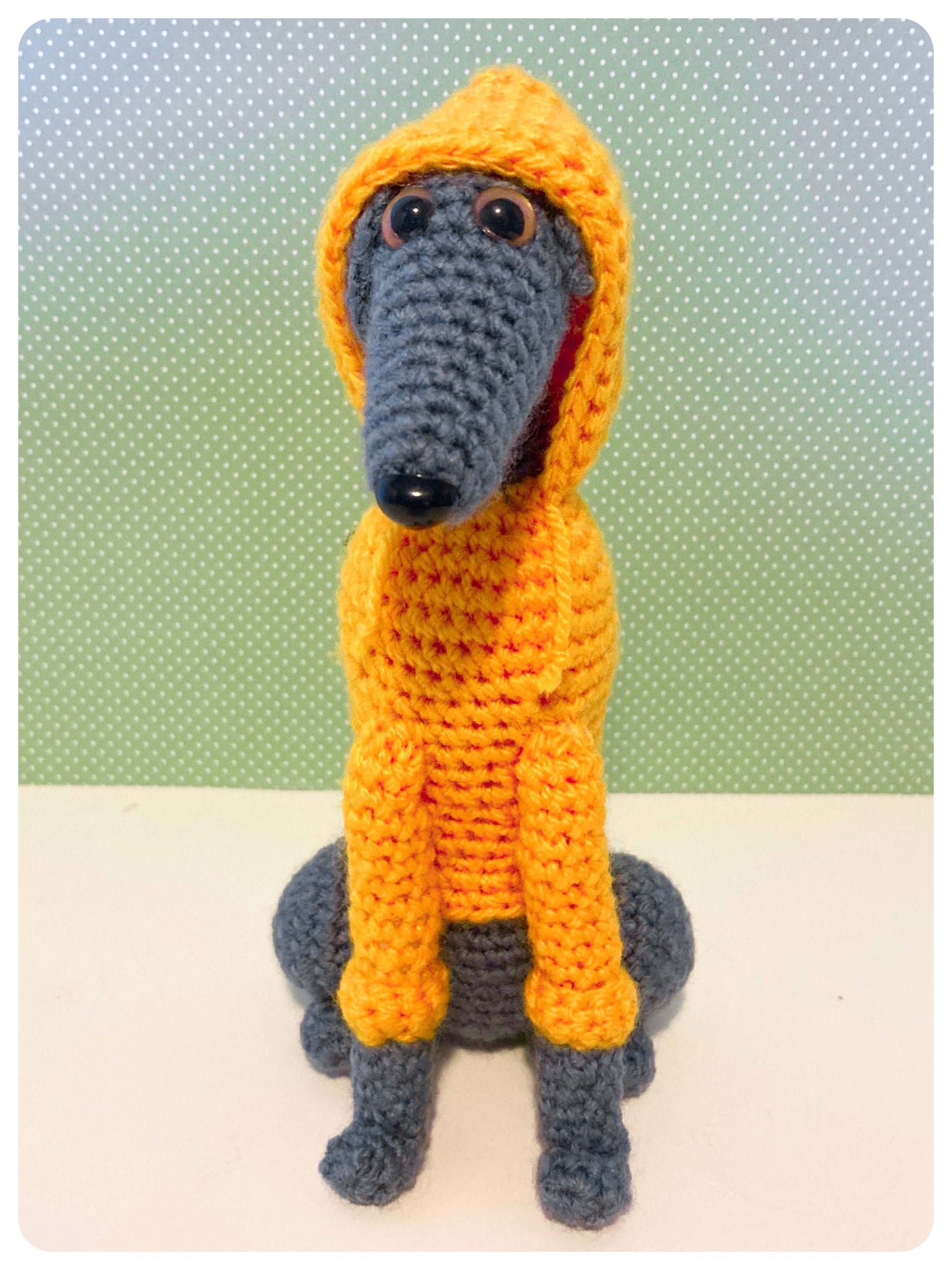 GREY BLUE CROCHET MINI WHIPPET GREYHOUND SIGHTHOUND ITALIAN GREYHOUND PLUSH IN A KNITTED YELLOW HOODIE KEEPSAKE MEMORIAL GIFT