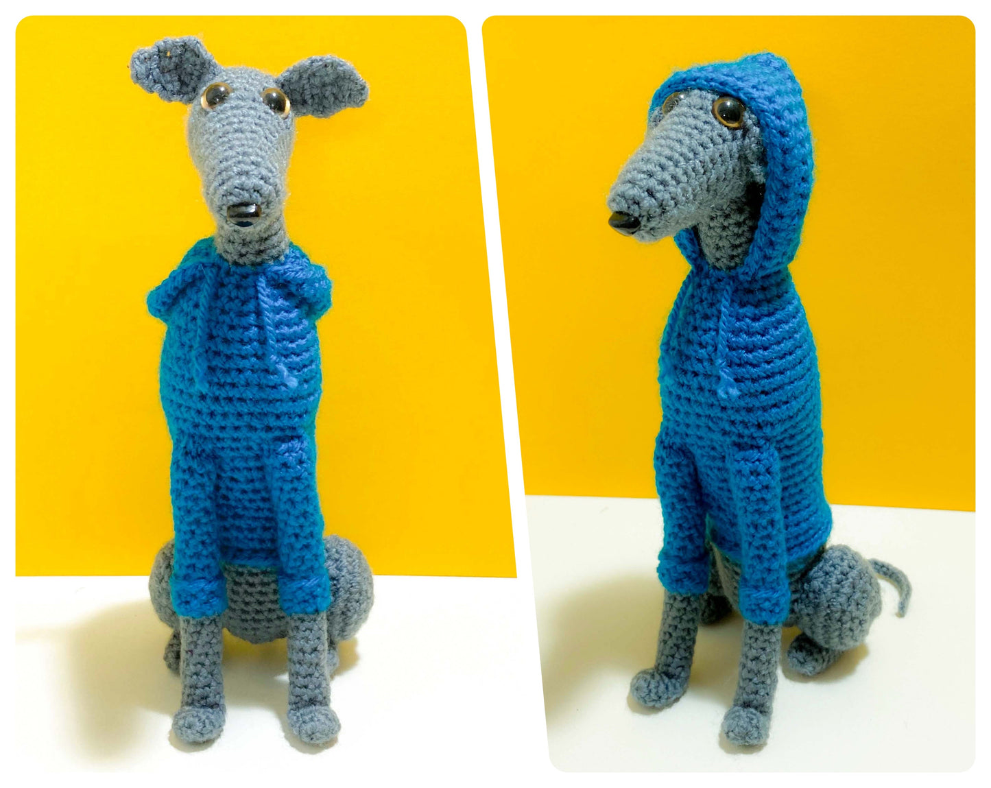 GREY BLUE CROCHET MINI WHIPPET GREYHOUND SIGHTHOUND ITALIAN GREYHOUND PLUSH IN A KNITTED TEAL HOODIE KEEPSAKE MEMORIAL GIFT