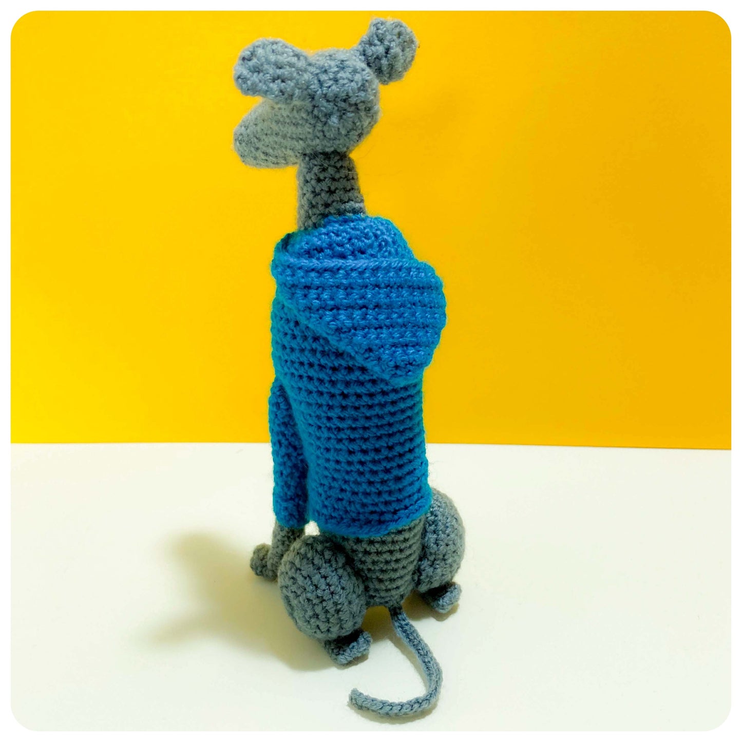 GREY BLUE CROCHET MINI WHIPPET GREYHOUND SIGHTHOUND ITALIAN GREYHOUND PLUSH IN A KNITTED TEAL HOODIE KEEPSAKE MEMORIAL GIFT