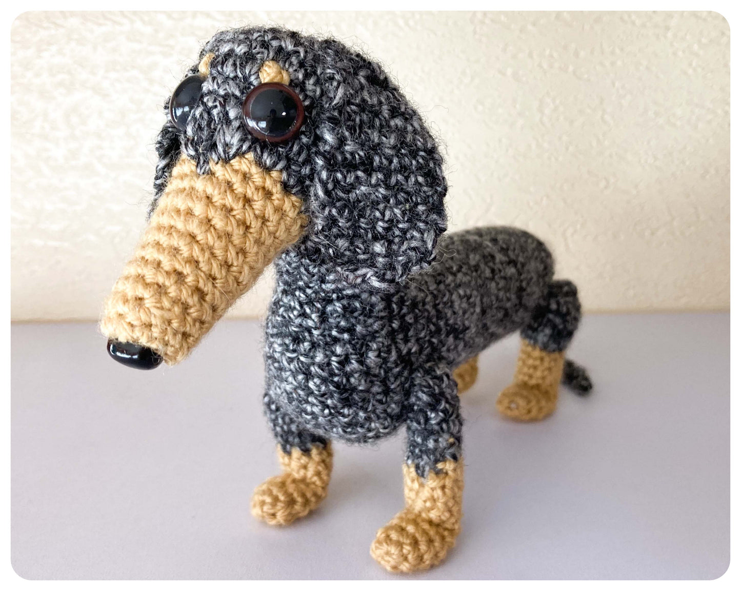 SILVER DAPPLE TAN CROCHET MINI DACHSHUND SAUSAGE DOG WEENIE DOXIE WIENER PLUSH KEEPSAKE MEMORIAL GIFT