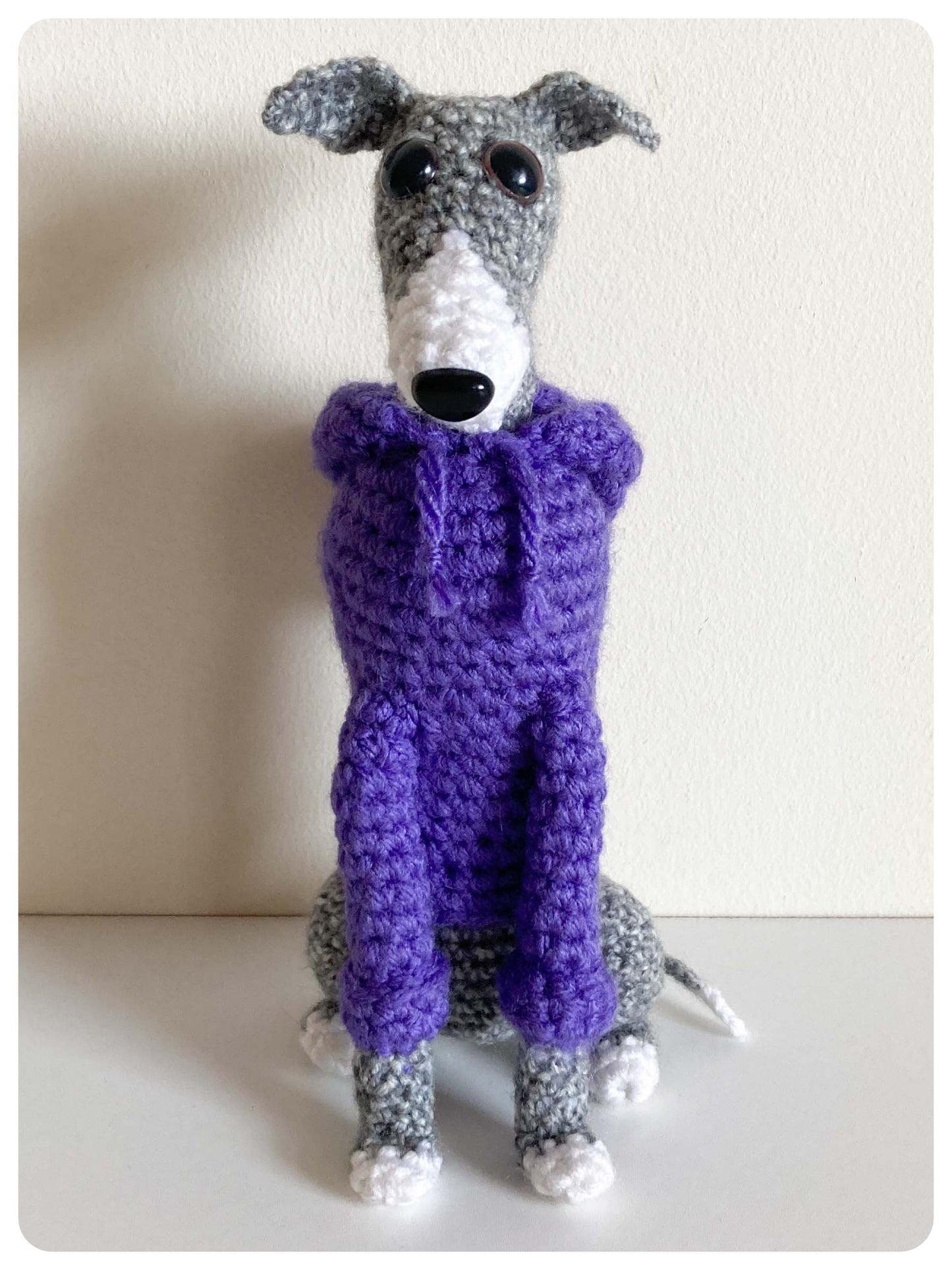 GREY BLUE BRINDLE WHITE CROCHET MINI WHIPPET GREYHOUND SIGHTHOUND ITALIAN GREYHOUND PLUSH IN A KNITTED PURPLE HOODIE KEEPSAKE MEMORIAL GIFT