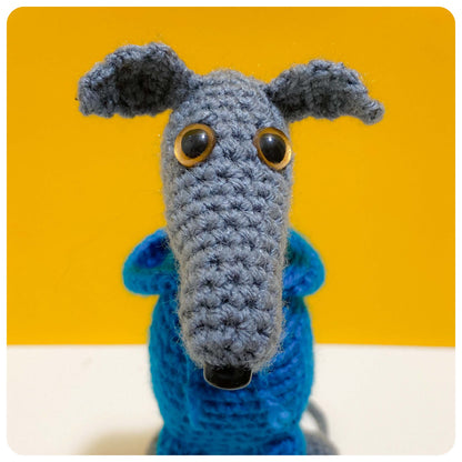 GREY BLUE CROCHET MINI WHIPPET GREYHOUND SIGHTHOUND ITALIAN GREYHOUND PLUSH IN A KNITTED TEAL HOODIE KEEPSAKE MEMORIAL GIFT