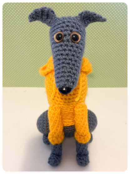 GREY BLUE CROCHET MINI WHIPPET GREYHOUND SIGHTHOUND ITALIAN GREYHOUND PLUSH IN A KNITTED YELLOW HOODIE KEEPSAKE MEMORIAL GIFT