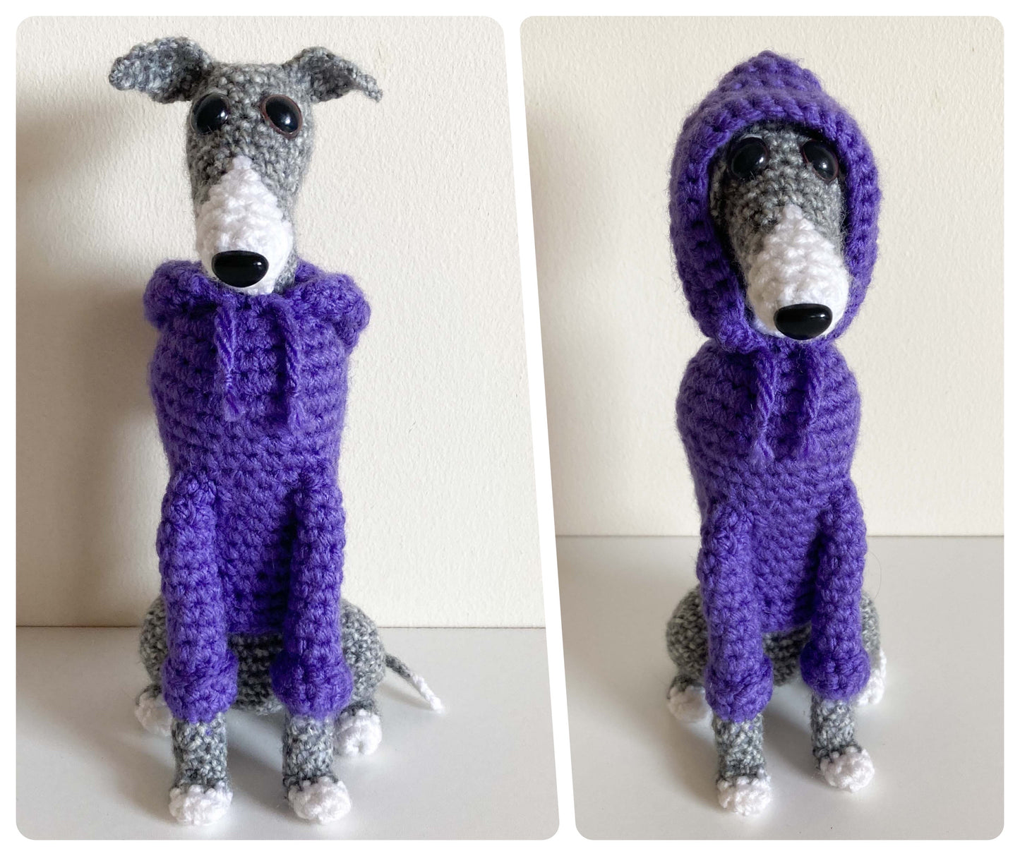 GREY BLUE BRINDLE WHITE CROCHET MINI WHIPPET GREYHOUND SIGHTHOUND ITALIAN GREYHOUND PLUSH IN A KNITTED PURPLE HOODIE KEEPSAKE MEMORIAL GIFT