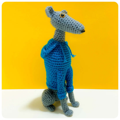 GREY BLUE CROCHET MINI WHIPPET GREYHOUND SIGHTHOUND ITALIAN GREYHOUND PLUSH IN A KNITTED TEAL HOODIE KEEPSAKE MEMORIAL GIFT