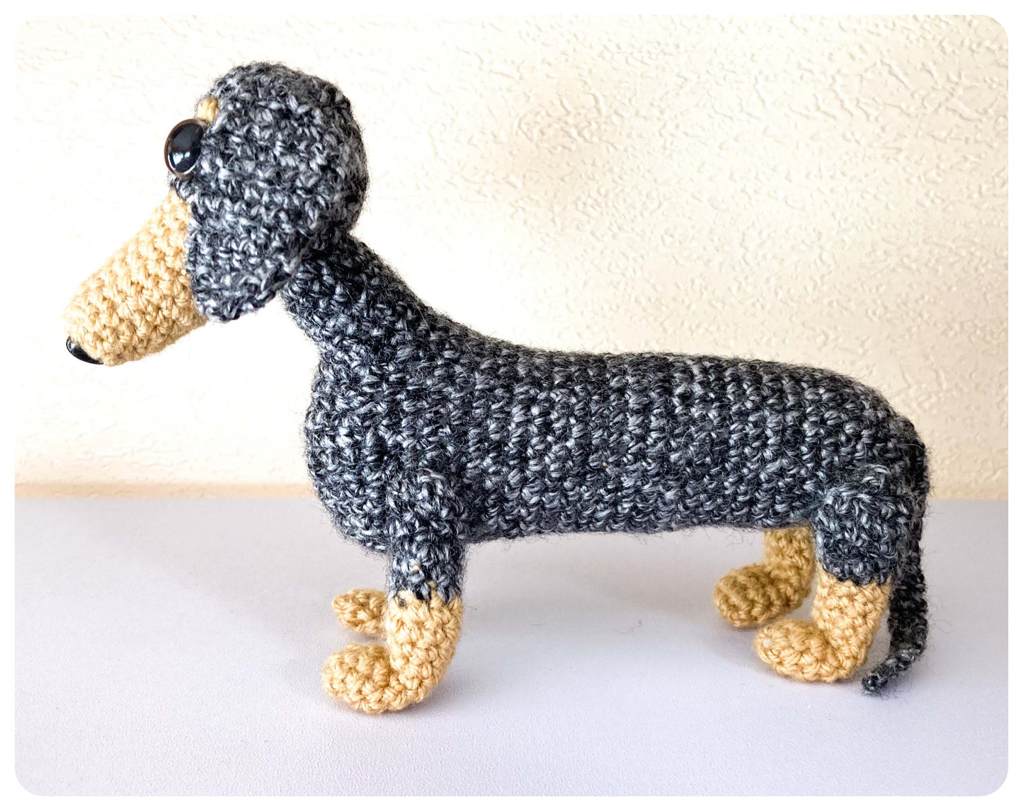 SILVER DAPPLE TAN CROCHET MINI DACHSHUND SAUSAGE DOG WEENIE DOXIE WIENER PLUSH KEEPSAKE MEMORIAL GIFT