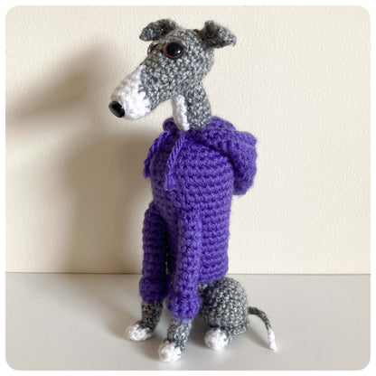 GREY BLUE BRINDLE WHITE CROCHET MINI WHIPPET GREYHOUND SIGHTHOUND ITALIAN GREYHOUND PLUSH IN A KNITTED PURPLE HOODIE KEEPSAKE MEMORIAL GIFT