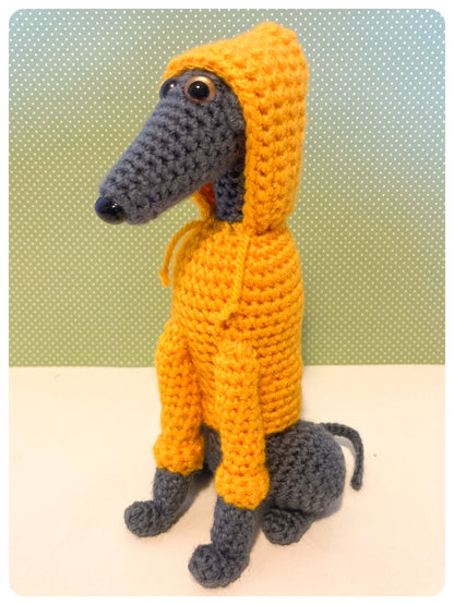 GREY BLUE CROCHET MINI WHIPPET GREYHOUND SIGHTHOUND ITALIAN GREYHOUND PLUSH IN A KNITTED YELLOW HOODIE KEEPSAKE MEMORIAL GIFT