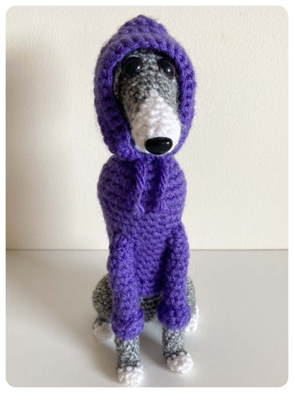 GREY BLUE BRINDLE WHITE CROCHET MINI WHIPPET GREYHOUND SIGHTHOUND ITALIAN GREYHOUND PLUSH IN A KNITTED PURPLE HOODIE KEEPSAKE MEMORIAL GIFT