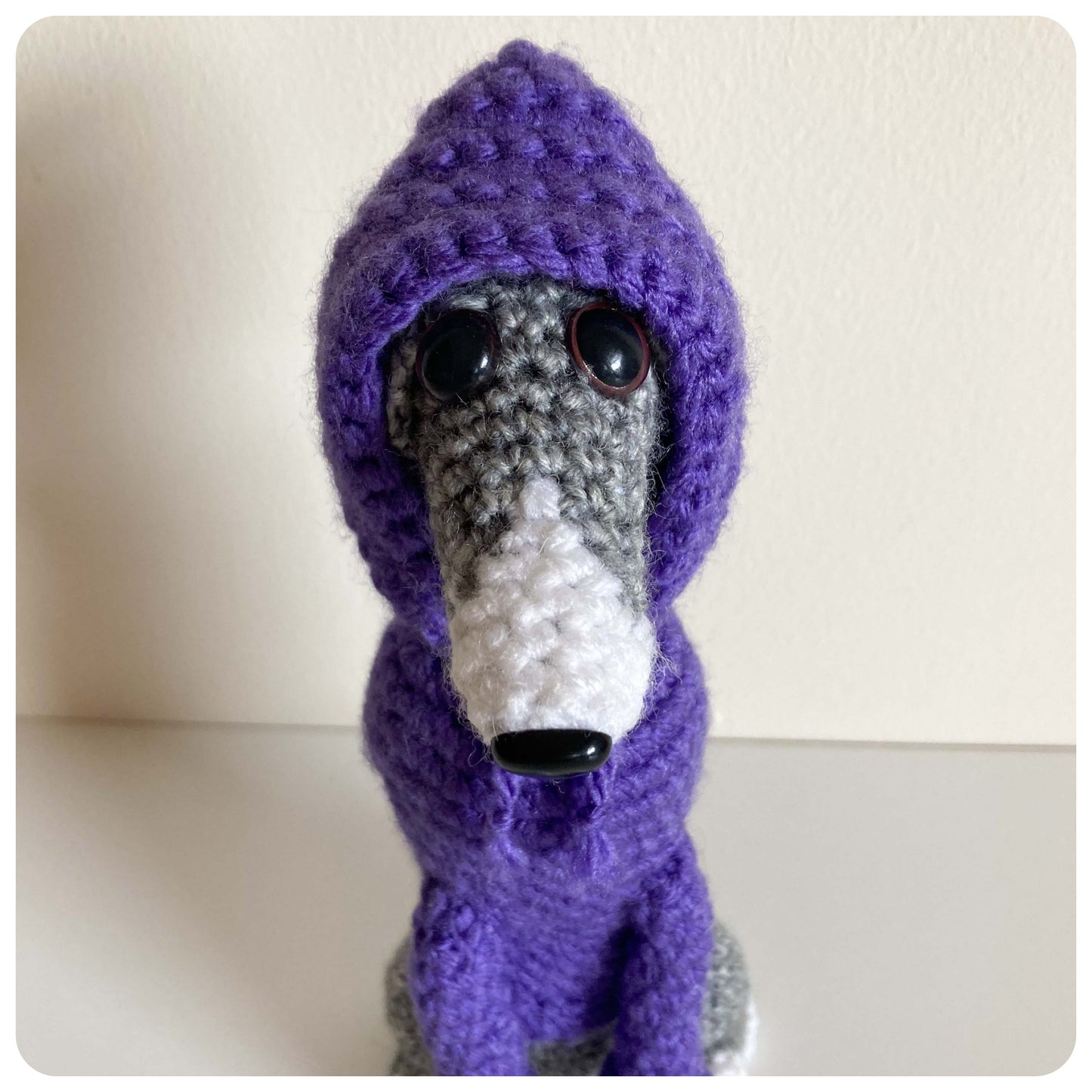 GREY BLUE BRINDLE WHITE CROCHET MINI WHIPPET GREYHOUND SIGHTHOUND ITALIAN GREYHOUND PLUSH IN A KNITTED PURPLE HOODIE KEEPSAKE MEMORIAL GIFT