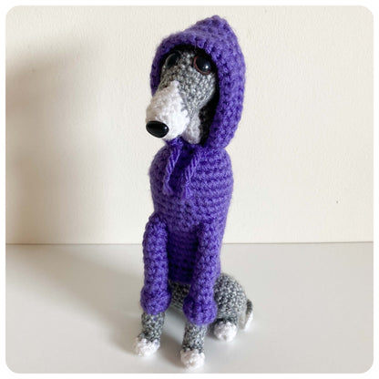 GREY BLUE BRINDLE WHITE CROCHET MINI WHIPPET GREYHOUND SIGHTHOUND ITALIAN GREYHOUND PLUSH IN A KNITTED PURPLE HOODIE KEEPSAKE MEMORIAL GIFT