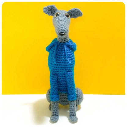 GREY BLUE CROCHET MINI WHIPPET GREYHOUND SIGHTHOUND ITALIAN GREYHOUND PLUSH IN A KNITTED TEAL HOODIE KEEPSAKE MEMORIAL GIFT