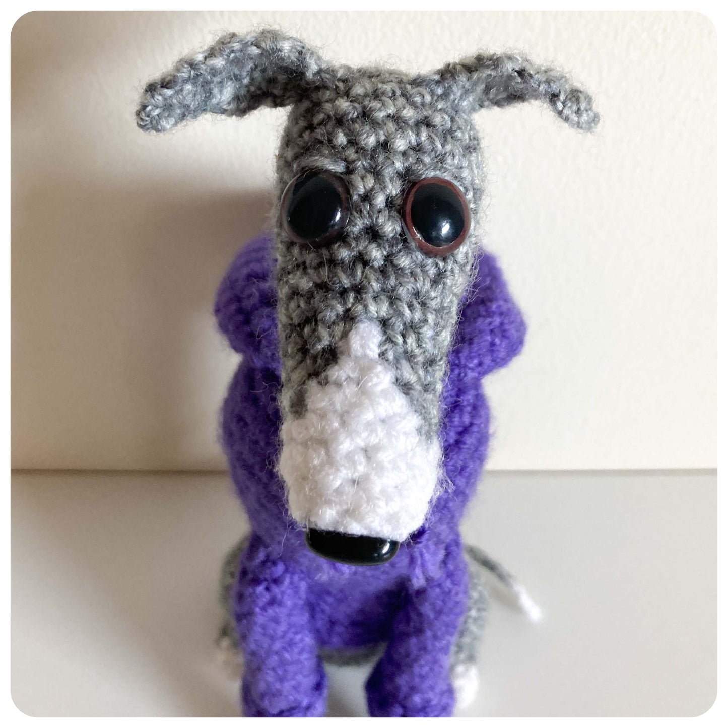 GREY BLUE BRINDLE WHITE CROCHET MINI WHIPPET GREYHOUND SIGHTHOUND ITALIAN GREYHOUND PLUSH IN A KNITTED PURPLE HOODIE KEEPSAKE MEMORIAL GIFT