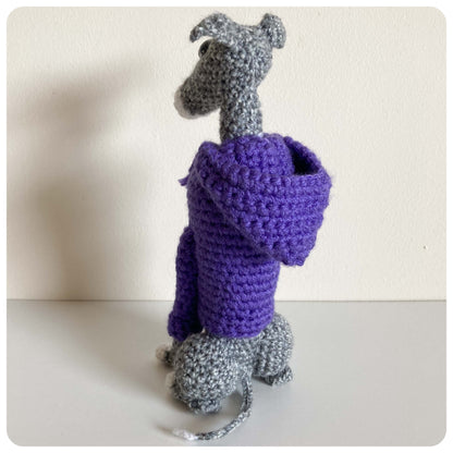 GREY BLUE BRINDLE WHITE CROCHET MINI WHIPPET GREYHOUND SIGHTHOUND ITALIAN GREYHOUND PLUSH IN A KNITTED PURPLE HOODIE KEEPSAKE MEMORIAL GIFT