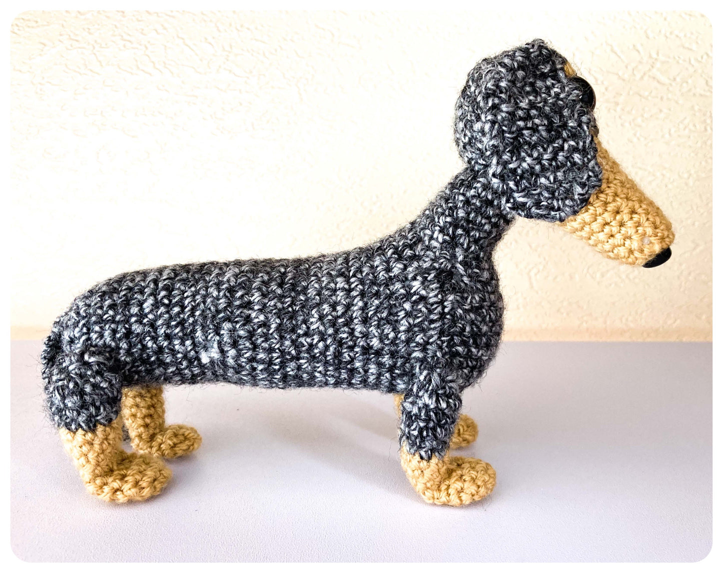 SILVER DAPPLE TAN CROCHET MINI DACHSHUND SAUSAGE DOG WEENIE DOXIE WIENER PLUSH KEEPSAKE MEMORIAL GIFT