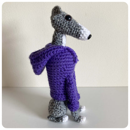 GREY BLUE BRINDLE WHITE CROCHET MINI WHIPPET GREYHOUND SIGHTHOUND ITALIAN GREYHOUND PLUSH IN A KNITTED PURPLE HOODIE KEEPSAKE MEMORIAL GIFT