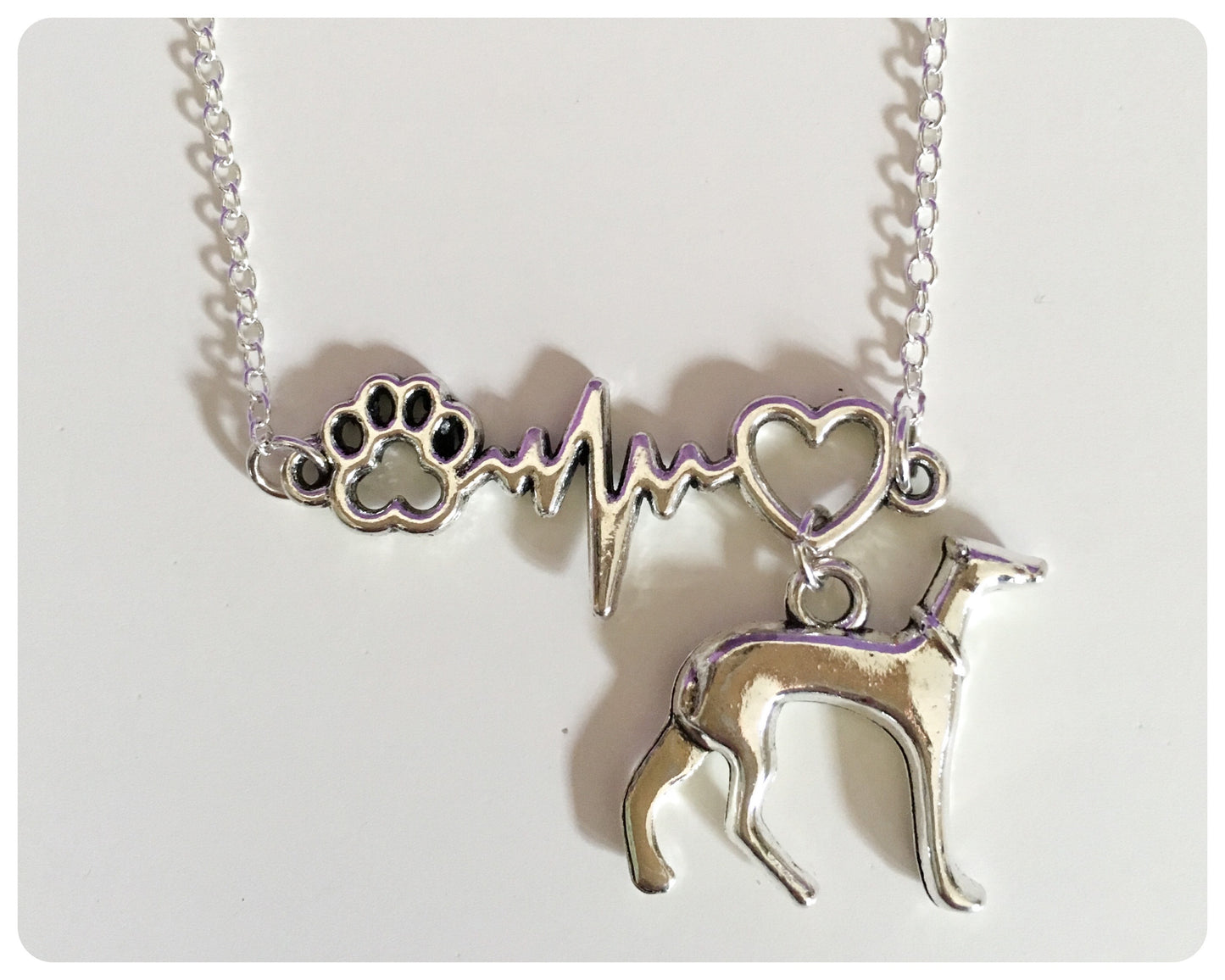 SILVER GREYHOUND WHIPPET SIGHTHOUND LURCHER CHARM NECKLACE CHAIN HEARTBEAT PAW PRINT HEART KEEPSAKE GIFT