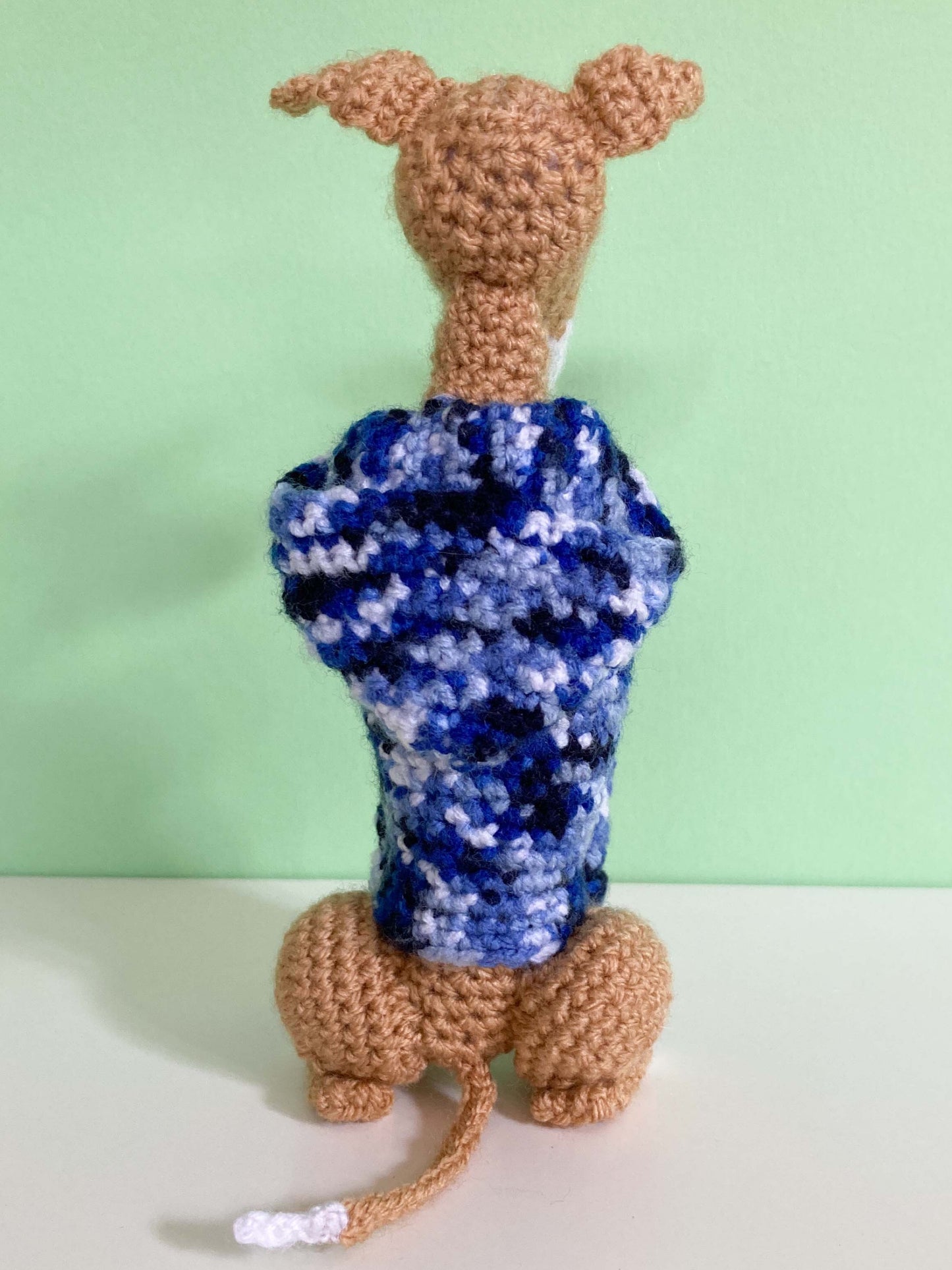 TAN WHITE CROCHET MINI WHIPPET GREYHOUND SIGHTHOUND ITALIAN GREYHOUND PLUSH  IN A KNITTED BLUE HOODIE KEEPSAKE MEMORIAL GIFT