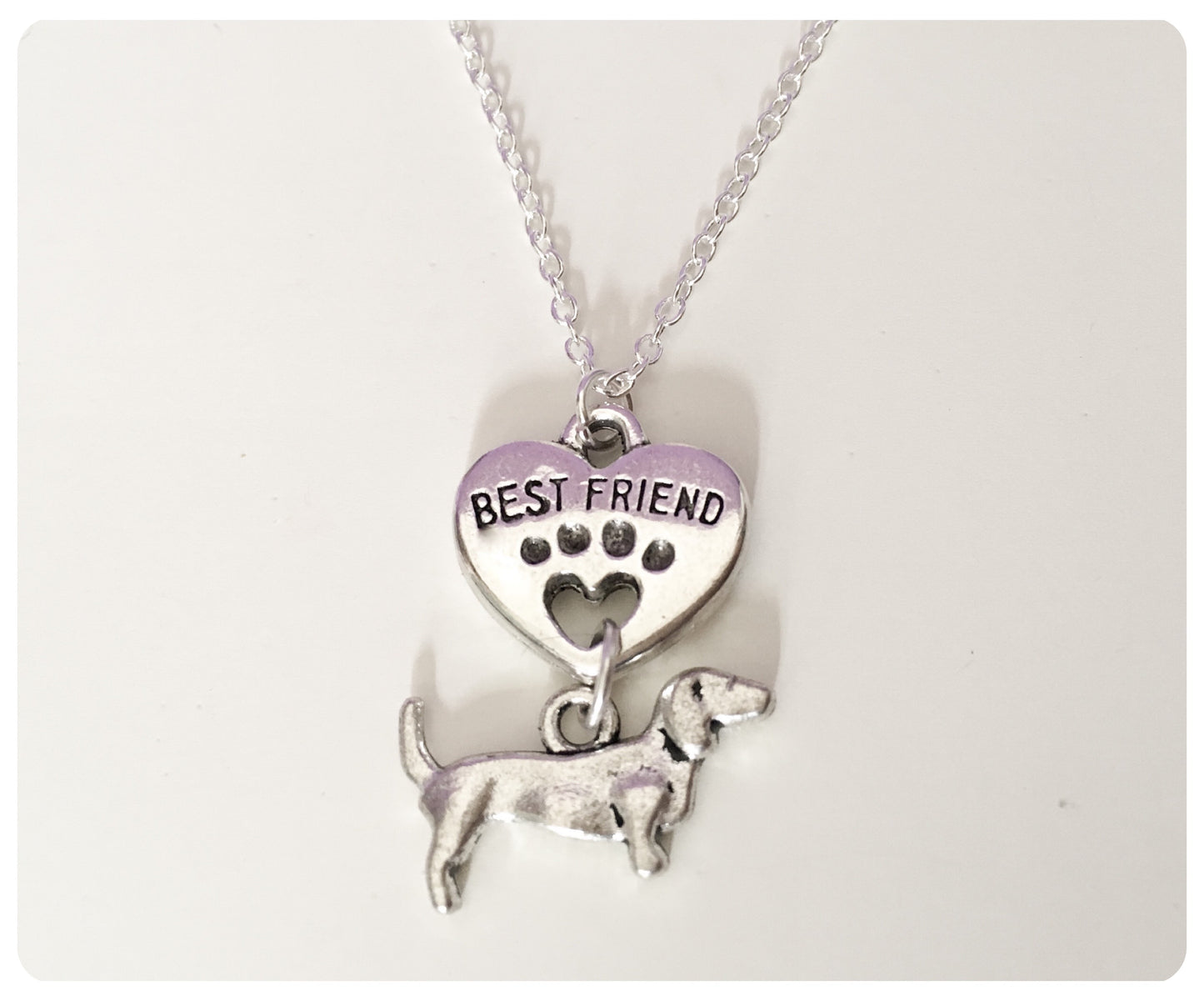 ANTIQUE SILVER DACHSHUND SAUSAGE DOG CHARM NECKLACE BEST FRIEND LOVE HEART PAW PRINT KEEPSAKE GIFT