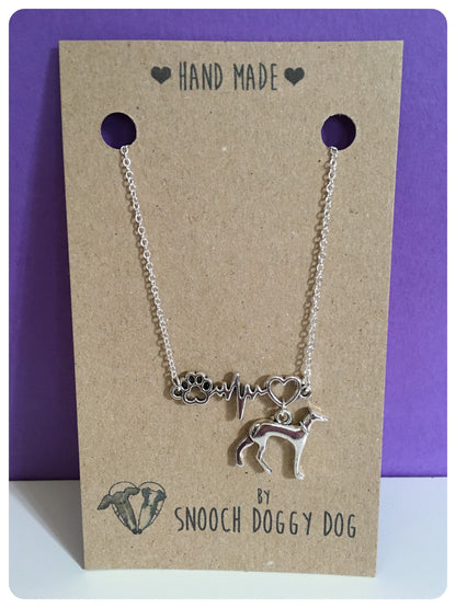 SILVER GREYHOUND WHIPPET SIGHTHOUND LURCHER CHARM NECKLACE CHAIN HEARTBEAT PAW PRINT HEART KEEPSAKE GIFT