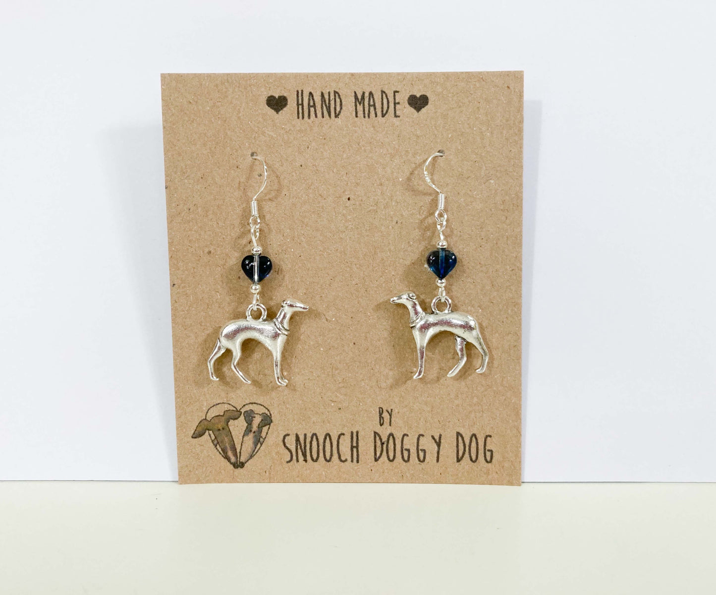 SILVER ITALIAN GREYHOUND WHIPPET SIGHTHOUND LURCHER CHARM EARRINGS BLUE CZECH GLASS LOVE HEART 925 STERLING STAINLESS STEEL KEEPSAKE GIFT