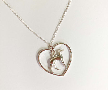 SILVER GREYHOUND WHIPPET SIGHTHOUND LURCHER CHARM NECKLACE CHAIN LOVE HEART KEEPSAKE GIFT